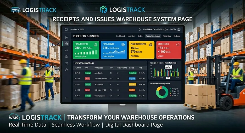 Warehouse tracking application showing receipts, issues, and reporting