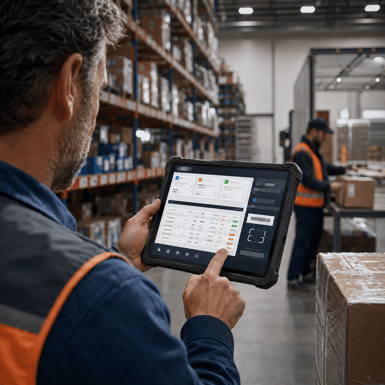 Warehouse operator using a custom inventory and workflow application on a tablet
