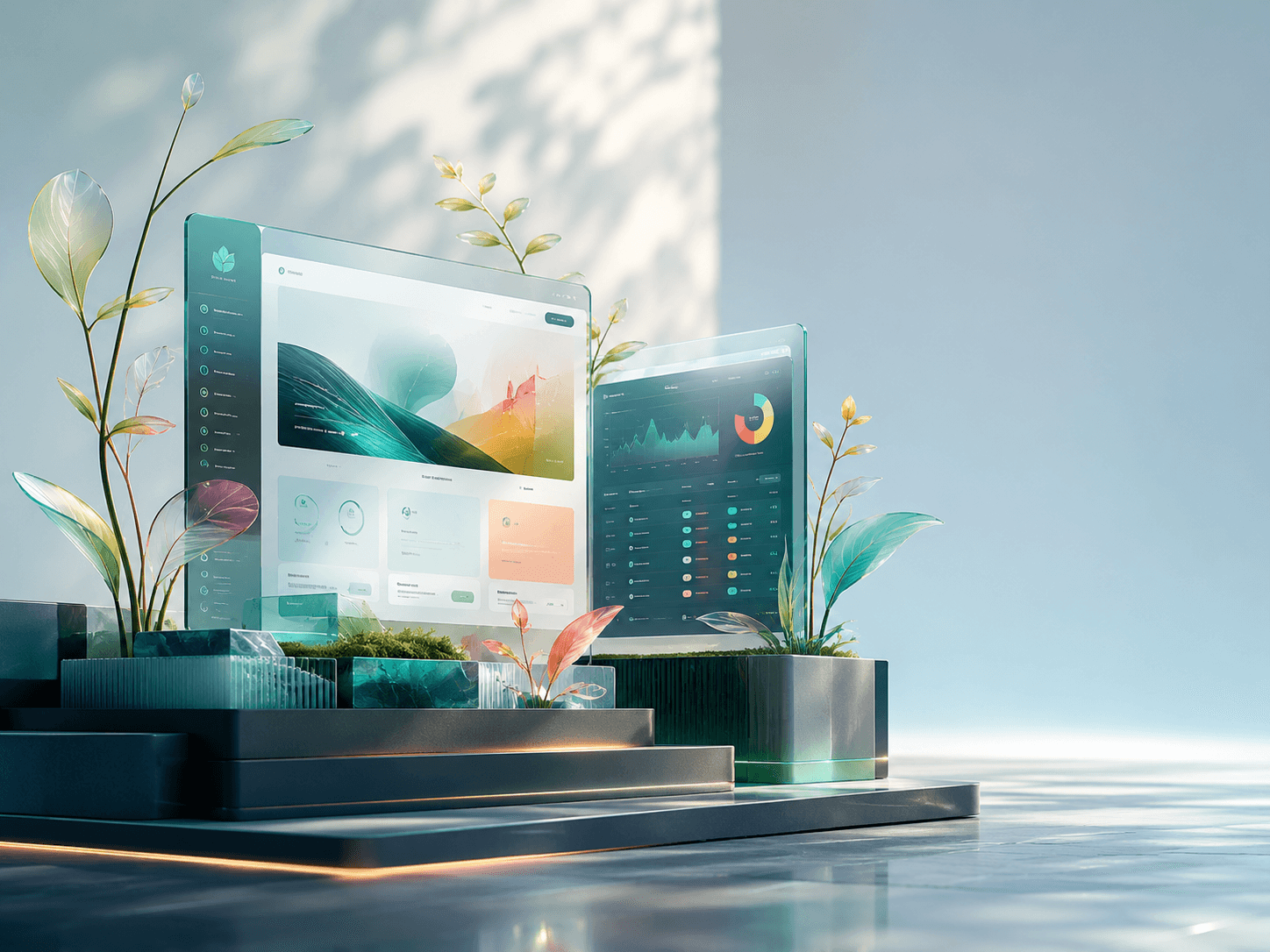 Business website and software dashboard presented together in a refined digital workspace