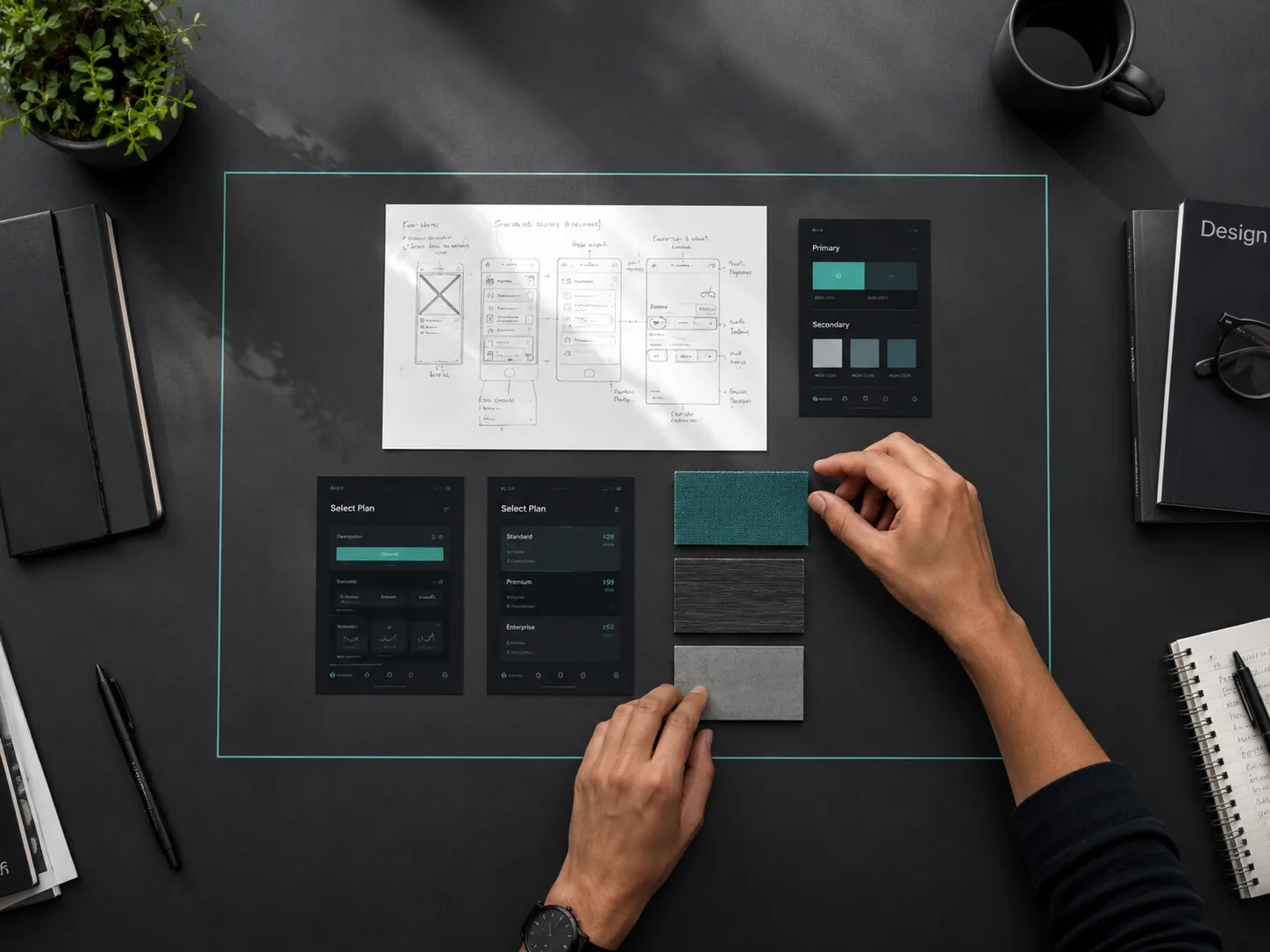 Website planning materials, wireframes, and design choices arranged on a desk
