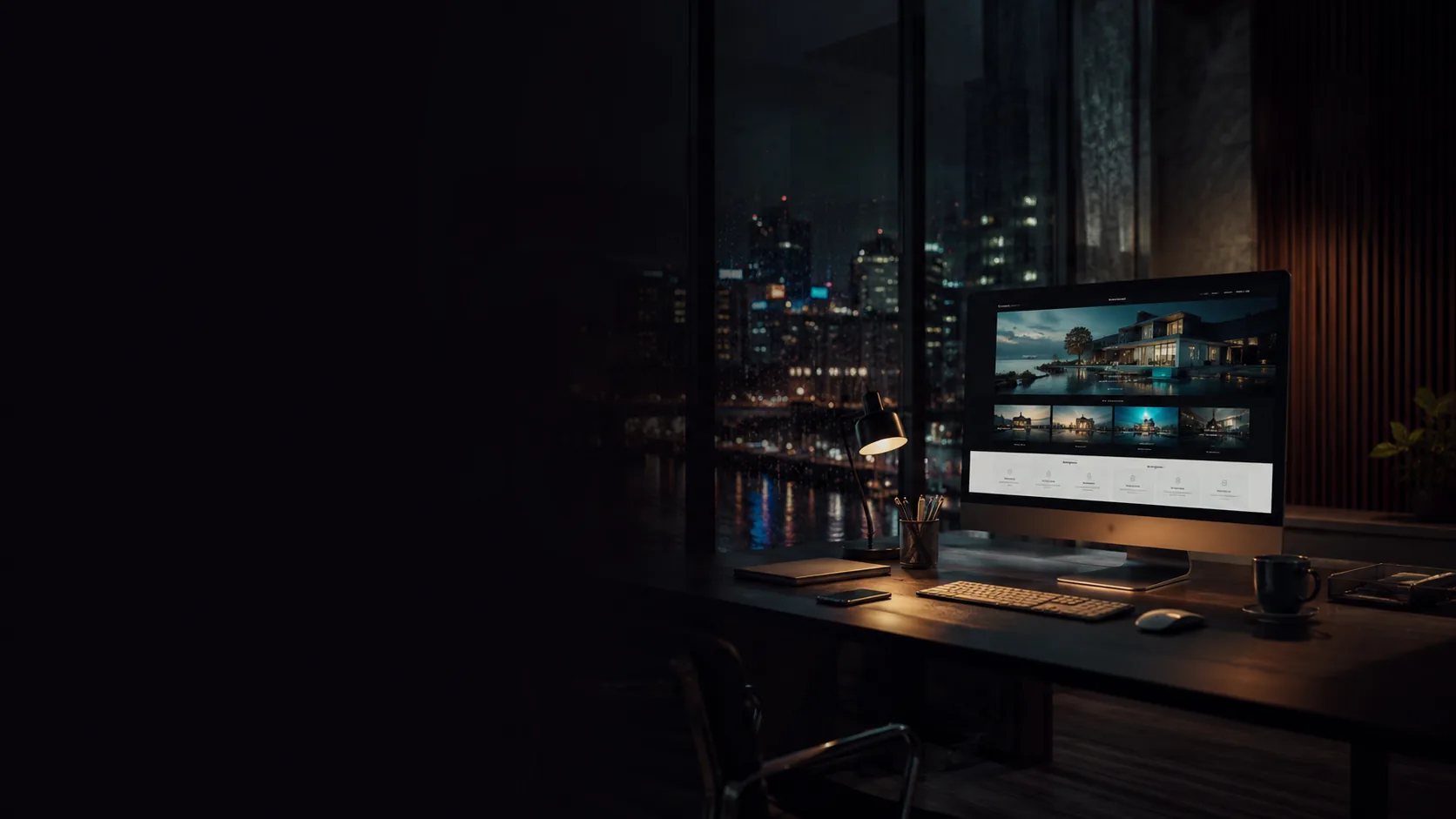 Custom business website displayed on a desktop computer in a premium workspace